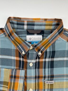 Columbia Plaid Button-Down Men’s L Shirt — Blue, Brown & Yellow Plaid